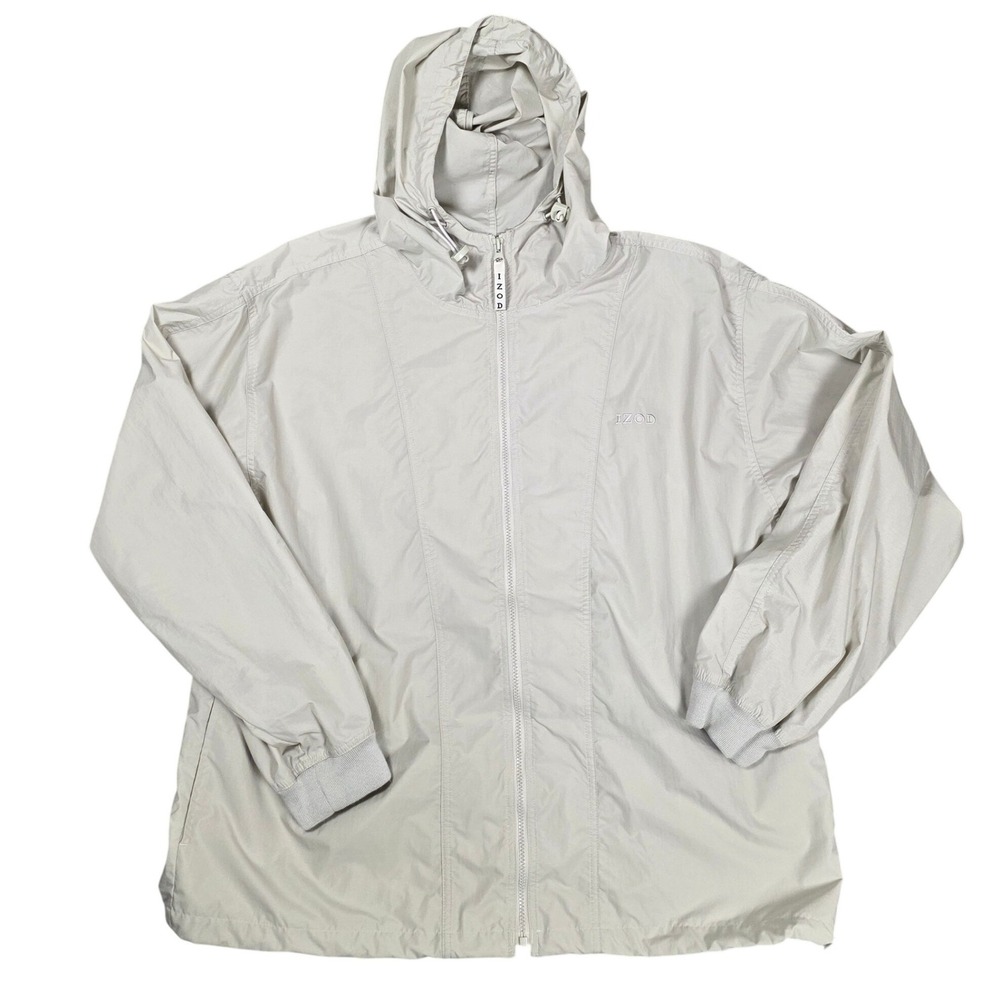 IZOD Windbreaker Jacket Mens XL Beige Good Condition Full Zip Hooded Nylon